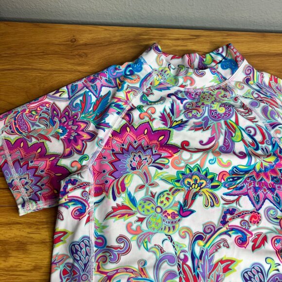 Lands End‎ Girls Rashguard Top Size L Floral Multicolor Short Sleeve - Picture 3 of 4